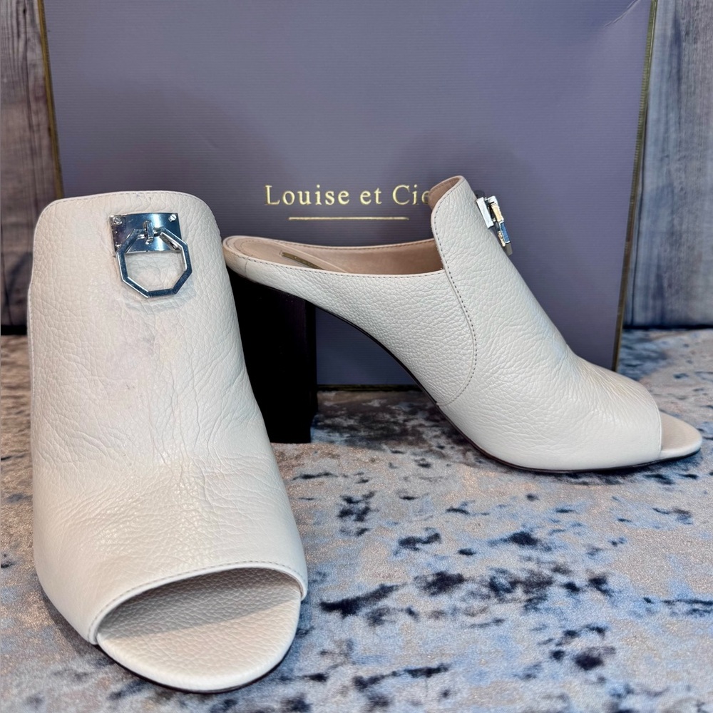 Louise et Cie Silver Buckle White Mules